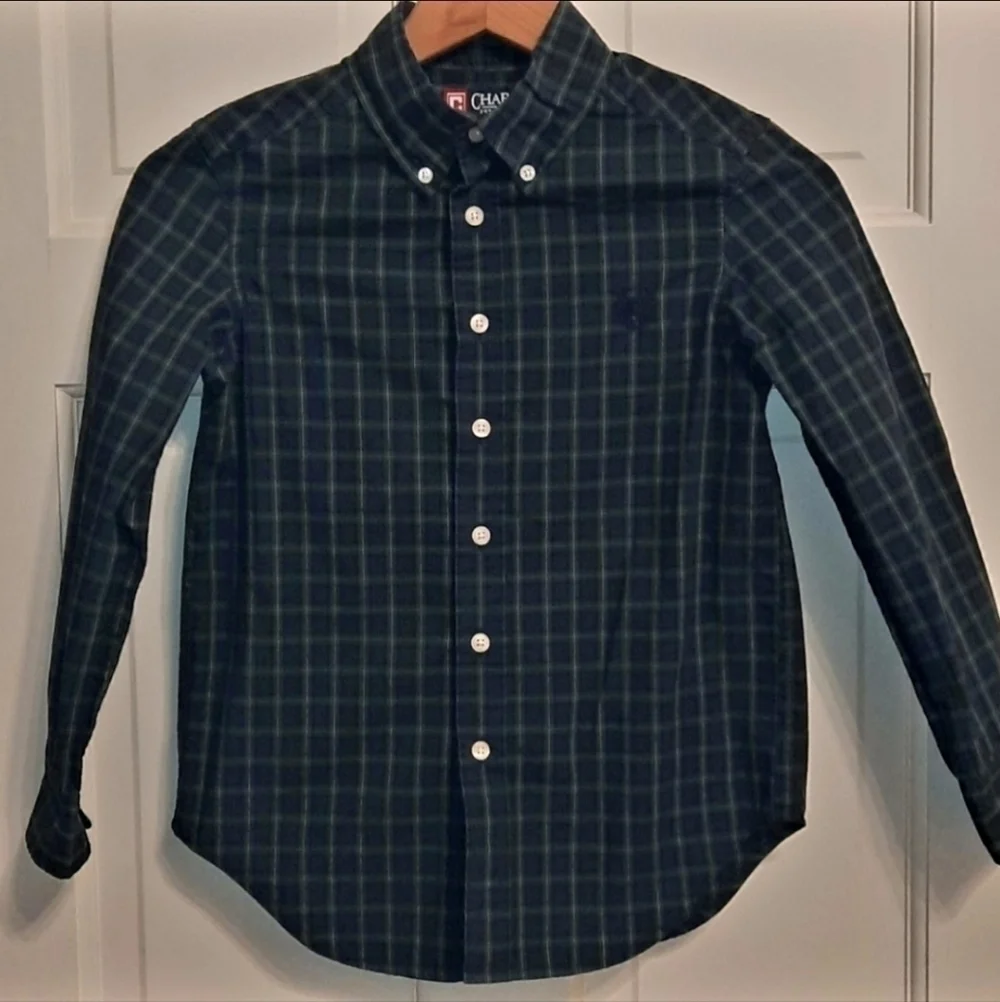 Chaps Blue Green Plaid Dress Shirt Collared Long Sleeve Button Down Boy's Size 8